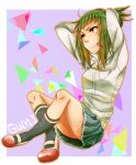  1girl character_name clenched_teeth dress_shirt green_eyes green_hair gumi hair_tie hair_up indian_style mary_janes pleated_skirt ponytail shirt shoes sidelocks silversoul1010 sitting skirt solo tube_socks vocaloid 