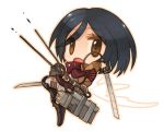  belt black_hair boots brown_eyes chibi dual_wielding jacket lowres mikasa_ackerman ran_system scarf shingeki_no_kyojin sword thigh_strap weapon 