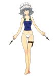  adapted_costume alternate_costume bare_shoulders blue_eyes blush braid camisole collarbone holster izayoi_sakuya knife maid_headdress navel non_(z-art) panties short_hair silver_hair smile solo thigh_holster touhou twin_braids underwear weapon white_panties 