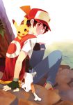  1boy baseball_cap black_hair cubone fingerless_gloves gloves hat male pikachu pokemon pokemon_(creature) pokemon_(game) pokemon_rgby red_(pokemon) red_(pokemon)_(classic) sitting tarteap 