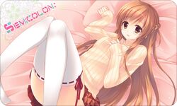  :d asuna_(sao) border brown_eyes brown_hair gloves long_hair looking_at_viewer lying mitsu_king open_mouth ribbed_sweater skirt smile solo striped sweater sword_art_online thigh-highs thighhighs white_gloves yuuki_asuna 