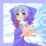  blue_hair blush bow cirno grin hair_bow ice ice_wings jd_(bibirijd) puffy_sleeves purple_eyes short_hair short_sleeves smile smirk solo touhou violet_eyes wings 