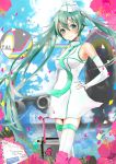  2012 aqua_eyes bare_shoulders blush elbow_gloves gloves hand_on_hip hatsune_miku heart hips holding long_hair necktie petals postcard smile solo soramu suitcase translation_request twintails very_long_hair vocaloid white_gloves 