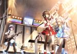  3girls arm_up black_legwear blue_eyes blue_hair braid brown_hair drum drum_set drums fingerless_gloves flower gloves green_eyes guitar hair_flower hair_ornament hair_rings hat highres holding instrument long_hair luo_tianyi microphone mo_qingxian multiple_girls piano purple_hair scorpion5050 short_hair silver_hair single_braid single_thighhigh stage standing thigh-highs thighhighs vocaloid vocaloid_china yuezheng_ling zhiyu_moke 