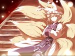  bad_id blonde_hair fox_tail glowing hands_in_sleeves hat highres multiple_tails orange_eyes short_hair smile solo stairs tail touhou yakumo_ran yudofu 