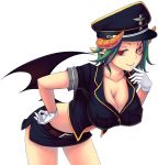  belt bent_over breasts cleavage demon_girl demon_wings finger_to_mouth gloves green_hair hand_on_hip hat hips horns kisaragi_yakumo large_breasts leaning_forward looking_at_viewer military military_uniform naughty_face original peaked_cap pointy_ears red_eyes short_hair shorts simple_background skirt smile solo succubus uniform white_background wings 