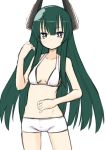  bikini_top green_hair headgear kuramoto_takato long_hair looking_at_viewer menou_kaname midriff original purple_eyes short_shorts shorts simple_background sketch violet_eyes white_background 