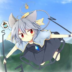  animal animal_ears basket blush capelet crystal dowsing_rod fuuen_(akagaminanoka) grey_hair jeweled_pagoda jewelry mountain mouse mouse_ears mouse_tail nazrin pendant red_eyes short_hair sky solo tail touhou wrist_cuffs 