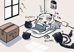  1girl ahoge box calendar_(object) cardboard_box comic dress futon horns kantai_collection long_hair machinery mittens mittens_removed northern_ocean_hime pillow red_eyes shinkaisei-kan surprised sweat sweatdrop tanaka_kusao translation_request waking_up white_dress white_hair white_skin 