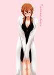  blush breast_squeeze breasts brown_eyes brown_hair cleavage cleavage_cutout collarbone embarrassed gradient gradient_background hokenshitsu_no_shinigami labcoat large_breasts open_mouth osuzu_akiomi payot saizaki_minori solo v_arms 