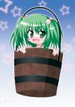  blush bucket green_eyes green_hair hair_bobbles hair_ornament in_bucket in_container kisume narumi_aoi open_mouth solo star touhou twintails 