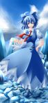  adult ahoge blue_eyes blue_hair blue_sky bow breasts cirno cloud clouds dress gin_kagami hair_bow hand_on_hip highres hips ice ice_wings large_bow long_skirt necktie outstretched_arm outstretched_hand puffy_sleeves short_hair short_sleeves sky solo standing touhou wings wink 