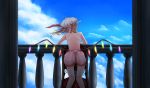  1girl balcony bare_back bare_shoulders blonde_hair bloomers blue_sky chin_rest cloud clouds crystal flandre_scarlet from_behind glowing glowing_wings hat hat_ribbon highres low_wings pointy_ears ribbon short_hair shoulder_blades side_ponytail sky solo topless touhou underwear underwear_only wallpaper wings 