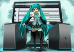  aqua_eyes aqua_hair detached_sleeves hatsune_miku long_hair looking_at_viewer monitor necktie open_mouth pizzadev skirt smile solo thigh-highs thighhighs twintails very_long_hair vocaloid 