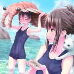  :d ^_^ animal anomalocaris beach blush brown_eyes brown_hair carrying cat closed_eyes collarbone eyes_closed grey_eyes hallucigenia holding multiple_girls ocean one-piece_swimsuit open_mouth original prehistoric_animal rock school_swimsuit shimano_natsume short_hair silver_eyes sky smile standing swimsuit tongue twintails water wet 