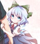  1boy 1girl arm_grab blue_dress blue_eyes blue_hair blush bow cirno detached_wings dress hair_bow heart heart-shaped_pupils highres ice ice_wings kuromame_(8gou) puffy_sleeves shirt short_hair short_sleeves smile symbol-shaped_pupils touhou white_background wings 