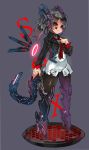  android bad_id black_hair black_legwear bolero boots cropped_jacket engrish greaves headphones high_heels highres long_hair necktie original pantyhose ponytail ranguage red_eyes shoes simple_background solo tail tattoo thigh-highs thigh_boots thighhighs unkq 
