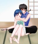  1boy 1girl 2bo_(ni_bo_co) black_eyes black_hair blue_eyes blue_hair blush braid brown_eyes couple ni_bo_co ranma_1/2 saotome_ranma single_braid tendou_akane 