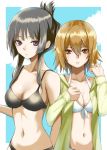  akiyama_mio bikini black_eyes black_hair breasts brown_eyes brown_hair cleavage front-tie_top hoodie jacket k-on! long_hair multiple_girls navel open_hoodie parka saimon_(pixiv) short_hair strap_gap swimsuit tainaka_ritsu 