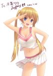  :d blonde_hair blue_eyes breasts cheerleader cleavage copyright_request hand_on_hip highres hips jeffery jeffery_(backam) large_breasts long_hair midriff navel open_mouth salute simple_background skirt skirt_lift smile solo twintails white_background wind_lift 