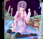  black_legwear book capelet character_name crescent hair_ornament ikoo jewelry long_hair long_sleeves patchouli_knowledge purple_eyes purple_hair ring solo thigh-highs thighhighs touhou very_long_hair violet_eyes water 