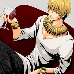  blonde_hair bracelet cup fate/zero fate_(series) gilgamesh high_contrast jewelry male necklace red_eyes sitting solo wine wine_glass yuri_(freedom) 