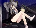  animal_ears bare_legs basket black_panties brown_eyes capelet crossed_legs eating grey_hair highres jewelry mouse mouse_ears mouse_tail nazrin panties pendant shope short_hair sitting socks solo tail tail_hold touhou underwear white_legwear 