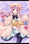  book crescent dress hat holding holding_book irori letterboxed long_hair looking_at_viewer open_book pantyhose patchouli_knowledge purple_eyes purple_hair smile solo striped striped_dress touhou vertical_stripes violet_eyes 