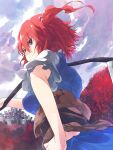  cloud clouds flower hair_bobbles hair_ornament highres ibuki_notsu large_breasts notsugimi obi onozuka_komachi puffy_sleeves red_eyes red_hair redhead scythe short_hair short_sleeves solo spider_lily touhou twintails weapon 