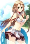  asuna_(sao) beach bikini_top breasts brown_eyes brown_hair cleavage innertube kibamigohann long_hair looking_at_viewer skirt smile solo sword_art_online thigh-highs thighhighs white_legwear yuuki_asuna 