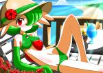  1girl bare_shoulders beach detached_shoulders drinking_glass flower fruit_bowl gardevoir green_hair hat looking_at_viewer lying navel no_humans pokemon reclining red_eyes smile solo straw swimsuit tagme yorunoko 