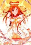  bow brooch choker cure_sunny dress hair_bun halo hino_akane jewelry long_hair magical_girl orange_(color) orange_background orange_dress orange_eyes orange_hair precure princess_form_(smile_precure!) ribbon skirt smile smile_precure! solo thigh-highs thighhighs tiara touma_(halcyon13) wink 