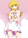  bakemonogatari blonde_hair blush blush_stickers doughnut dress eating fang highres long_hair monogatari_(series) nisemonogatari oshino_shinobu ribbon solo tanabe_kyou yellow_eyes 