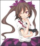  brown_hair hat himekaidou_hatate long_hair marker_(medium) necktie puffy_sleeves red_eyes s-syogo shikishi short_sleeves smile solo tokin_hat touhou traditional_media twintails white_background wink 