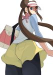  ass blue_eyes bow brown_hair double_bun from_behind long_hair looking_back mei_(pokemon) pantyhose pokemon pokemon_(game) pokemon_bw2 raglan_sleeves shorts twintails visor_cap 