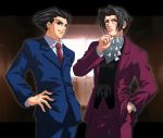  2boys black_eyes black_hair cravat formal gyakuten_saiban hair_intakes masurao_bc mitsurugi_reiji multiple_boys naruhodou_ryuuichi necktie suit 