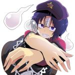  arutana blue_eyes blue_hair chipa_(arutana) clenched_teeth crossed_arms eating hands hat hitodama miyako_yoshika ofuda outstretched_arms short_hair simple_background skirt solo star touhou white_background 