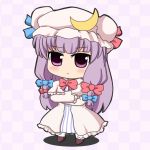  b.leaf blush checkered checkered_background chibi crescent crossed_arms dress hat long_hair patchouli_knowledge purple_eyes purple_hair ribbon solo touhou violet_eyes 