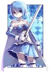  74_(teduka) blue_eyes blue_hair cape gloves highres mahou_shoujo_madoka_magica miki_sayaka short_hair skirt solo sword weapon 