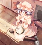  bat_wings black_legwear blue_hair blush bowl cooking from_above ha_ru hat highres indoors kitchen messy oven pantyhose red_eyes remilia_scarlet short_hair slippers solo touhou wings wrist_cuffs 