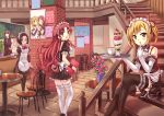  3girls :d black_hair blonde_hair brown_eyes chair finger_to_mouth flower food glasses hand_on_hip hips holding ice_cream looking_at_viewer maid maid_headdress male multiple_girls open_mouth original pantyhose pcmaniac88 plant potted_plant red_eyes red_hair redhead sitting smile solo stairs standing sundae table thigh-highs thighhighs tray twintails white_legwear 