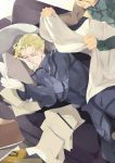  black_hair blanket blonde_hair book closed_eyes coat couch eyes_closed fate/zero fate_(series) get3 gloves hand_holding holding_hands kayneth_archibald_el-melloi lancer_(fate/zero) lying male multiple_boys on_side paper pencil short_hair sleeping white_gloves 