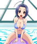  ahoge arm_support blue_hair blush breasts cleavage goriate idolmaster idolmaster_2 indoor_pool inflatable_raft large_breasts miura_azusa navel open_mouth red_eyes riding shiny shiny_skin short_hair smile 