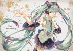  1girl blue_eyes detached_sleeves green_hair hatsune_miku headphones highres long_hair nail_polish necktie petals skirt solo thighhighs twintails very_long_hair vocaloid yunomachi 