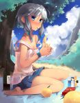  1girl ahoge alcohol bare_shoulders barefoot blue_eyes bottle feet food fruit hair_ribbon izayoi_sakuya mouth_hold payot pocky ribbon see-through shin_(new) silver_hair sitting skirt solo strap_slip summer touhou tree wariza wine wristband 