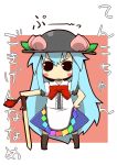 blush bow chibi food fruit hand_on_hip hat hinanawi_tenshi leaf long_hair peach puffy_sleeves short_sleeves solo standing sword sword_of_hisou touhou very_long_hair weapon zannen_na_hito