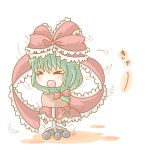  &gt;_&lt; :d blush bow chair chibi closed_eyes doromizu front_ponytail green_hair hair_bow hair_ornament hair_ribbon kagiyama_hina office_chair open_mouth ribbon simple_background smile solo spinning touhou white_background xd 