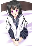  1girl bed black_hair blush chitanda_eru hyouka kneeling long_hair narumi_yuu_(imitmoon) purple_eyes school_uniform serafuku violet_eyes 