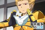  armor asarihamaguri blonde_hair bow bow_panties danshi_koukousei_no_nichijou fate/zero fate_(series) gilgamesh holding_panties look-alike male panties parody red_eyes serious short_hair solo tanaka_yoshitake underwear 