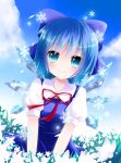  blue blue_dress blue_eyes blue_hair blush bow cirno dress flower flower_field hair_bow ice ice_wings looking_at_viewer murasaki-neko puffy_sleeves short_hair short_sleeves smile snowflakes solo touhou v_arms wings 